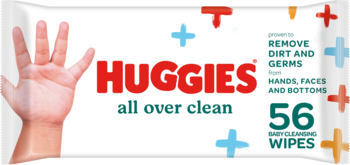 Huggies All Over Clean chusteczki nawilżane 56 szt., białe opakowanie z dłonią dziecka i kolorowymi plusami.