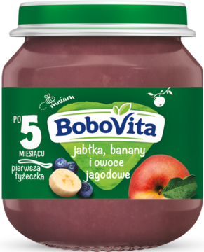 BOBOVITA Pierwsza łyżeczka ,przecier dla niemowląt, banany, jabłka i owoce jagodowe, po 5. m-cu,przód
