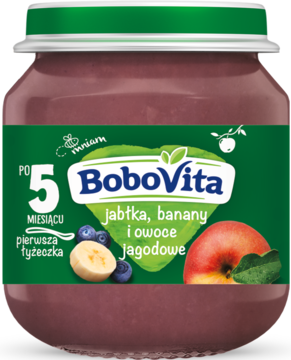 Słoiczek BoboVita z fioletowym przecierem jabłko-banan-jagoda dla niemowląt od 5 miesiąca, widok frontalny.