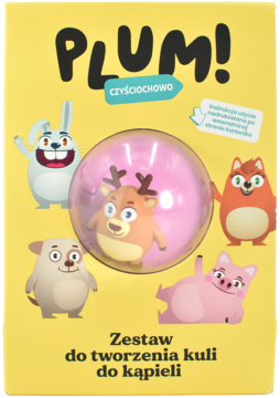Plum! Czyściochowo, zestaw do tworzenia kul kąpielowych z zabawką-jelonkiem dla dzieci, na żółtym pudełku, widok z przodu.
