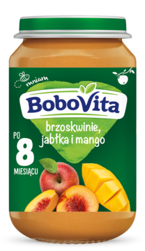 BoboVita deser brzoskwinia, jabłko, mango, gęsty przecier w szklanym słoiczku, dla dzieci po 8 miesiącu.