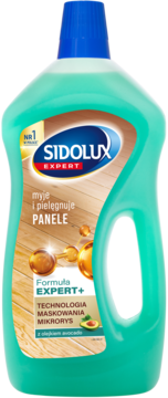 Zielony płyn do paneli Sidolux Expert+ z olejkiem avocado w butelce z niebieską nakrętką. Etykieta z drewnianym tłem.