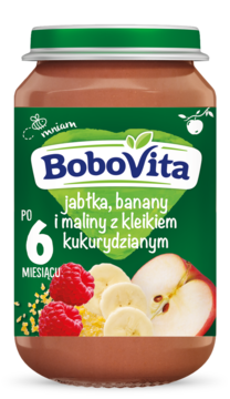 BoboVita przecier jabłko banan malina z kleikiem kukurydzianym w słoiczku, dla niemowląt po 6 m-cu.