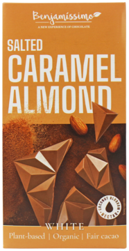 Czekolada Benjamissimo Salted Caramel Almond White, wegańska, pomarańczowe opakowanie z geometrycznymi kawałkami.