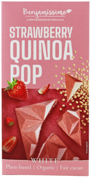 Benjamíssimo STRAWBERRY QUINOA POP czekolada. Różowe opakowanie, biała, plant-based, organiczna, fair cacao.