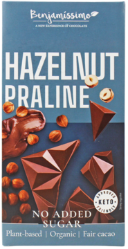 Czekolada Benjamíssimo Hazelnut Praline, bez dodatku cukru, BIO i wegańska, niebieskie opakowanie, przód.