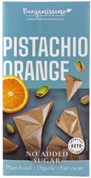 Benjamíssimo Pistachio Orange czekolada bez cukru, keto. Niebieskie opakowanie, widok z przodu, z pistacjami i pomarańczą.