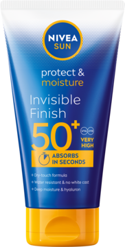 NIVEA SUN Invisible Finish SPF 50+ w niebieskiej tubce z żółtym korkiem, bardzo wysoka ochrona, widok z przodu.