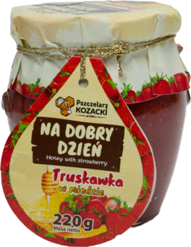 Miód truskawkowy Pszczelarz Kozacki 220g w słoiku, z widocznymi kawałkami truskawek, z dużą czerwoną etykietą. Widok z przodu.