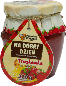 Miód truskawkowy Pszczelarz Kozacki 220g w słoiku, z widocznymi kawałkami truskawek, z dużą czerwoną etykietą. Widok z przodu.