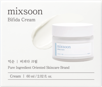 Mixsoon Bifida Cream, białe opakowanie z widocznym słoiczkiem i smugą kremu. Ujędrniająco-nawilżający, probiotyczny.