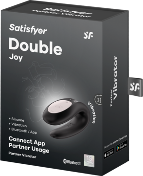 Satisfyer Double Joy, czarny wibrator dla par w pudełku, z ergonomicznym, silikonowym kształtem U produktu.