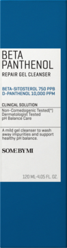 Some By Mi Beta Panthenol Repair Gel Cleanser 120ml, niebieska butelka, biała etykieta, widok z przodu.