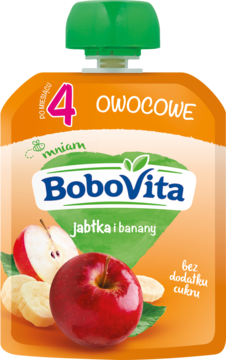 BoboVita owoce w tubce: jabłka i banany. Pomarańczowa saszetka dla niemowląt od 4. miesiąca, bez cukru.