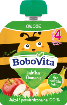 BoboVita owoce, jabłka i banany w tubce z pszczółką, dla niemowląt od 4. miesiąca, bez dodatku cukru.