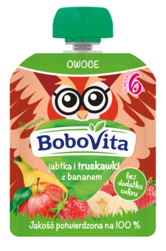 Saszetka BoboVita owoce: jabłka, truskawki, banan, dla dzieci od 6 miesięcy, z wizerunkiem sowy.