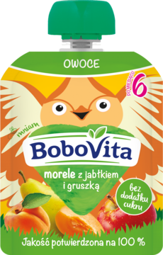 BoboVita mus, morele z jabłkiem i gruszką, po 6m, bez cukru, tubka z grafiką sowy, przód.