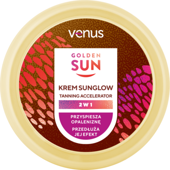 Venus Golden Sun Krem Sunglow, akcelerator opalania w okrągłym słoiku, brązowo-czerwona pokrywka, widok z góry.