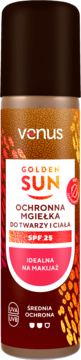 Venus Golden Sun ochronna mgiełka SPF 25 do twarzy i ciała, brązowa butelka z kolorowym wzorem, widok z przodu.