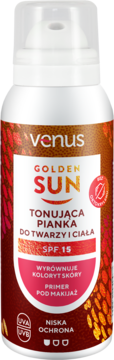Biały spray Venus Golden Sun, tonująca pianka SPF 15 do twarzy i ciała, brązowo-czerwona etykieta, widok przód.