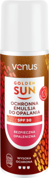 Emulsja do opalania Venus Golden Sun SPF 50. Biało-brązowa butelka z różowym akcentem, widok z przodu.