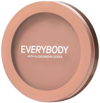 Beżowy kremowy bronzer Everybody London x Aleksandra Sosfa Light, okrągłe opakowanie, logo na pudrze, widok z przodu.