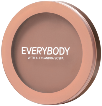 Kremowy bronzer Everybody London x Aleksandra Sosfa, odcień Medium, w beżowym okrągłym opakowaniu, widok z góry pod kątem.