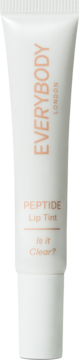 Biała tubka EveryBody London Peptide Lip Tint Is It Clear? z brzoskwiniowym napisem, widok z przodu.
