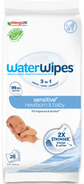 Białe opakowanie WaterWipes sensitive chusteczki dla noworodków i niemowląt, z wizerunkiem śpiącego dziecka.
