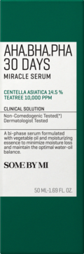 Some By Mi AHA BHA PHA Miracle Serum 50ml z Centella Asiatica, na trądzik, zielone opakowanie, widok z przodu.