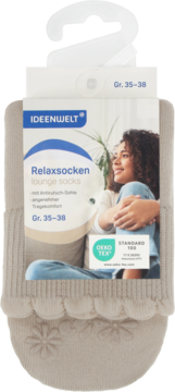 Beżowe skarpety IDEENWELT Relaxsocken, antypoślizgowe, rozmiar 35-38, z kwiatowym wzorem na podeszwie, na wieszaku.