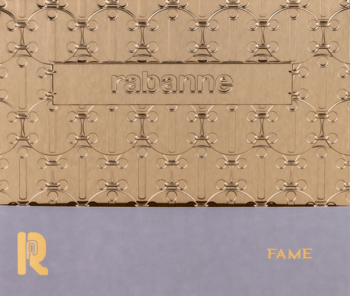 Złote, wytłaczane opakowanie Paco Rabanne Fame z napisem rabanne i ozdobnym wzorem, dół szary z logo R i Fame.