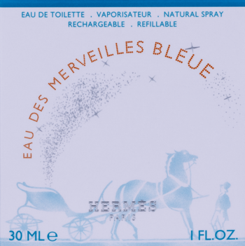 Przód jasnoniebieskiego opakowania Hermès Eau de Merveilles Bleue EDT 30 ml z kareta i lśniącymi gwiazdami.