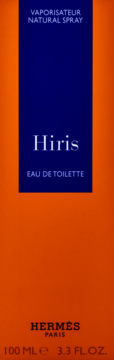 Front pudełka Hermès Hiris Eau de Toilette, pomarańczowe z granatowym panelem, napisem Hiris i 100 ml.