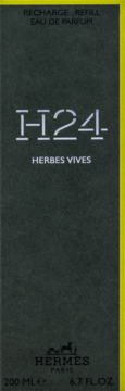Hermès H24 Herbes Vives: uzupełnienie wody perfumowanej 200ml, ciemnoszare opakowanie z żółtym paskiem, widok z przodu.