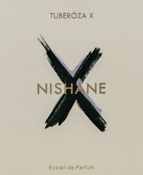 Nishane Tuberóza X Extrait de Parfum, front opakowania; beżowy karton, duży czarny znak X i metaliczne napisy.