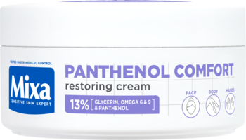 Biały słoiczek Mixa Panthenol Comfort kremu do twarzy, ciała i rąk, z napisem o 13% glicerynie i pantenolu.