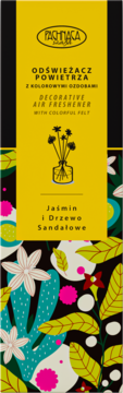 Widok z przodu dekoracyjnego odświeżacza powietrza Jaśmin i Sandałowiec w żółto-czarnym opakowaniu z kolorowym filcem.