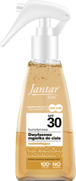 Jantar Sun SPF 30, dwufazowa mgiełka do ciała, rozświetlająca, w przezroczystej butelce z białym sprayem, widok z przodu.
