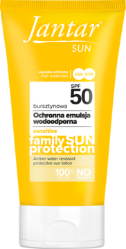 Jantar SUN żółta tuba z emulsją SPF 50 bursztynową, ochronną i wodoodporną, widok z przodu.