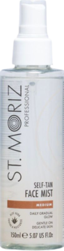 St. Moriz Professional Self-Tan Face Mist Medium, 150ml, butelka z aloesem i witaminą E, widok z przodu.