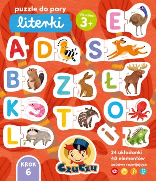 Czuczu Literki, puzzle edukacyjne, widok rozłożonych 24 dwuelementowych układanek z literami i zwierzętami.