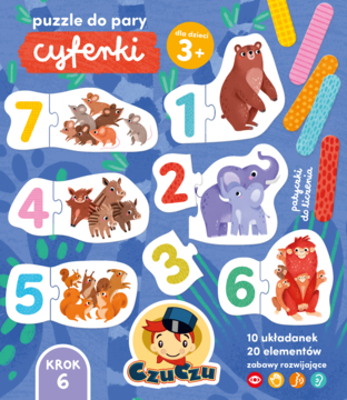 Czuczu Cyferki puzzle do pary dla dzieci 3+ z numerami i zwierzętami. Zestaw 10 układanek, widok z przodu.