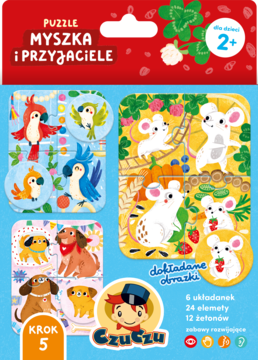 Puzzle Czuczu Myszka i Przyjaciele 2+, opakowanie z ilustracjami myszek, psów i papug.
