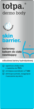 Balsam Tołpa Dermo Body Skin Barrier, srebrno-turkusowa butelka z opisem: szybko się wchłania, nawilża, redukuje suchość.