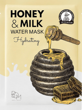 Opakowanie maski B.O.M. Honey & Milk Water Mask, beżowe z rysunkiem miodu i mleka. Widok z przodu.