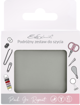 Biały podróżny zestaw do szycia EwaSchmidtt, front, z okienkiem ukazującym wnętrze i ilustracje akcesoriów.