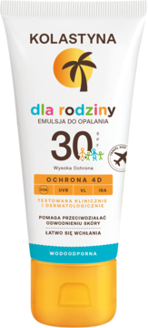 Biała tuba Kolastyna wodoodporna emulsja do opalania SPF 30 dla rodziny, pomarańczowa nakrętka, widok z przodu.
