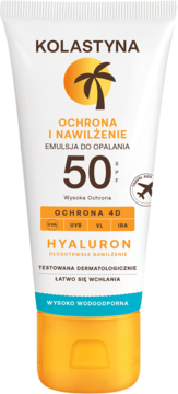 Biała tuba Kolastyna Hyaluron emulsja do opalania SPF 50, z pomarańczowym logo palmy i niebieskim paskiem, wodoodporna.