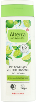 Alterra Pielęgnujący Żel pod Prysznic BIO Limonka, biała butelka z zieloną etykietą i limonkami, widok z przodu.